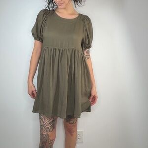 🫒 Olive Green Puff Sleeve Babydoll Mini Dress - Size [M]